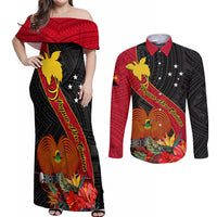 Personalised Papua New Guinea Couples Matching Off Shoulder Maxi Dress and Long Sleeve Button Shirts Bird Of Paradise With Tropical Flower LT01 Black - Polynesian Pride