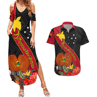 Personalised Papua New Guinea Couples Matching Summer Maxi Dress and Hawaiian Shirt Bird Of Paradise With Tropical Flower LT01 Black - Polynesian Pride