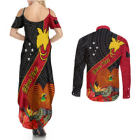 Personalised Papua New Guinea Couples Matching Summer Maxi Dress and Long Sleeve Button Shirts Bird Of Paradise With Tropical Flower LT01 - Polynesian Pride