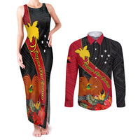 Personalised Papua New Guinea Couples Matching Tank Maxi Dress and Long Sleeve Button Shirts Bird Of Paradise With Tropical Flower LT01 Black - Polynesian Pride