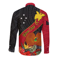 Personalised Papua New Guinea Long Sleeve Button Shirt Bird Of Paradise With Tropical Flower LT01 - Polynesian Pride