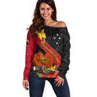 Personalised Papua New Guinea Off Shoulder Sweater Bird Of Paradise With Tropical Flower LT01 Women Black - Polynesian Pride