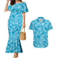Tahiti Ninamu Tiare Floral Couples Matching Mermaid Dress and Hawaiian Shirt Monstera Palm Tropical Leaves LT01 Blue - Polynesian Pride