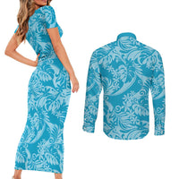 Tahiti Ninamu Tiare Floral Couples Matching Short Sleeve Bodycon Dress and Long Sleeve Button Shirt Monstera Palm Tropical Leaves - Polynesian Pride