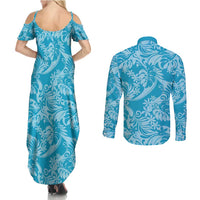 Tahiti Ninamu Tiare Floral Couples Matching Summer Maxi Dress and Long Sleeve Button Shirt Monstera Palm Tropical Leaves - Polynesian Pride