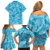 Tahiti Ninamu Tiare Floral Family Matching Off Shoulder Short Dress and Hawaiian Shirt Monstera Palm Tropical Leaves - Polynesian Pride