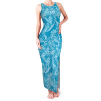 Tahiti Ninamu Tiare Floral Family Matching Tank Maxi Dress and Hawaiian Shirt Monstera Palm Tropical Leaves LT01 Mom's Dress Blue - Polynesian Pride