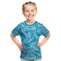 Tahiti Ninamu Tiare Floral Kid T Shirt Monstera Palm Tropical Leaves LT01 Blue - Polynesian Pride