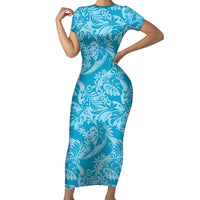 Tahiti Ninamu Tiare Floral Short Sleeve Bodycon Dress Monstera Palm Tropical Leaves LT01 Long Dress Blue - Polynesian Pride