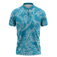 Tahiti Ninamu Tiare Floral Zipper Polo Shirt Monstera Palm Tropical Leaves LT01 Blue - Polynesian Pride