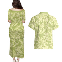Tahiti Olive Tiare Floral Couples Matching Puletasi and Hawaiian Shirt Monstera Palm Tropical Leaves LT01 - Polynesian Pride