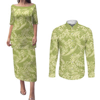 Tahiti Olive Tiare Floral Couples Matching Puletasi and Long Sleeve Button Shirt Monstera Palm Tropical Leaves LT01 Olive - Polynesian Pride