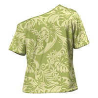 Tahiti Olive Tiare Floral Cross Shoulder Shirt Monstera Palm Tropical Leaves LT01 - Polynesian Pride