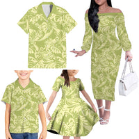 Tahiti Olive Tiare Floral Family Matching Off The Shoulder Long Sleeve Dress and Hawaiian Shirt Monstera Palm Tropical Leaves LT01 - Polynesian Pride