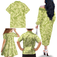 Tahiti Olive Tiare Floral Family Matching Off The Shoulder Long Sleeve Dress and Hawaiian Shirt Monstera Palm Tropical Leaves - Polynesian Pride