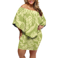 Tahiti Olive Tiare Floral Family Matching Off Shoulder Short Dress and Hawaiian Shirt Monstera Palm Tropical Leaves - Polynesian Pride