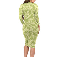 Tahiti Olive Tiare Floral Long Sleeve Bodycon Dress Monstera Palm Tropical Leaves - Polynesian Pride