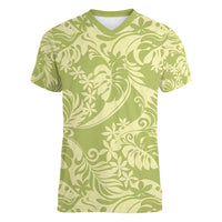 Tahiti Olive Tiare Floral Women V-Neck T-Shirt Monstera Palm Tropical Leaves - Polynesian Pride