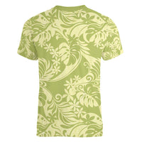 Tahiti Olive Tiare Floral Women V-Neck T-Shirt Monstera Palm Tropical Leaves - Polynesian Pride
