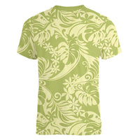 Tahiti Olive Tiare Floral Women V-Neck T-Shirt Monstera Palm Tropical Leaves - Polynesian Pride