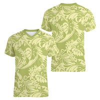 Tahiti Olive Tiare Floral Women V-Neck T-Shirt Monstera Palm Tropical Leaves - Polynesian Pride