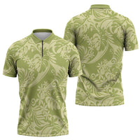 Tahiti Olive Tiare Floral Zipper Polo Shirt Monstera Palm Tropical Leaves LT01 - Polynesian Pride