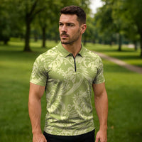 Tahiti Olive Tiare Floral Zipper Polo Shirt Monstera Palm Tropical Leaves LT01 - Polynesian Pride