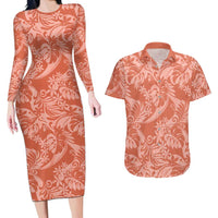 Tahiti Puatou Tiare Floral Couples Matching Long Sleeve Bodycon Dress and Hawaiian Shirt Monstera Palm Tropical Leaves LT01 Orange - Polynesian Pride