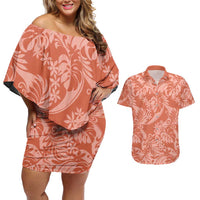 Tahiti Puatou Tiare Floral Couples Matching Off Shoulder Short Dress and Hawaiian Shirt Monstera Palm Tropical Leaves LT01 Orange - Polynesian Pride