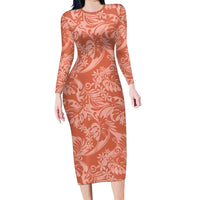 Tahiti Puatou Tiare Floral Family Matching Long Sleeve Bodycon Dress and Hawaiian Shirt Monstera Palm Tropical Leaves LT01 Mom's Dress Orange - Polynesian Pride