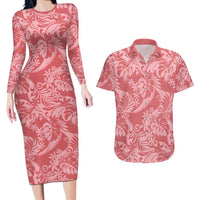 Tahiti Tarona Tiare Floral Couples Matching Long Sleeve Bodycon Dress and Hawaiian Shirt Monstera Palm Tropical Leaves LT01 Pink - Polynesian Pride