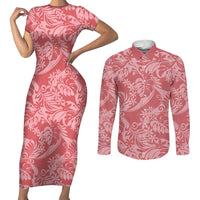 Tahiti Tarona Tiare Floral Couples Matching Short Sleeve Bodycon Dress and Long Sleeve Button Shirt Monstera Palm Tropical Leaves - Polynesian Pride