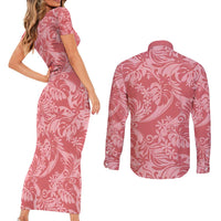 Tahiti Tarona Tiare Floral Couples Matching Short Sleeve Bodycon Dress and Long Sleeve Button Shirt Monstera Palm Tropical Leaves - Polynesian Pride