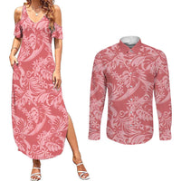 Tahiti Tarona Tiare Floral Couples Matching Summer Maxi Dress and Long Sleeve Button Shirt Monstera Palm Tropical Leaves - Polynesian Pride