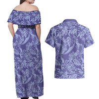 Tahiti Vareau Tiare Floral Couples Matching Off Shoulder Maxi Dress and Hawaiian Shirt Monstera Palm Tropical Leaves LT01 - Polynesian Pride