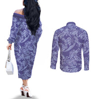 Tahiti Vareau Tiare Floral Couples Matching Off The Shoulder Long Sleeve Dress and Long Sleeve Button Shirt Monstera Palm Tropical Leaves - Polynesian Pride