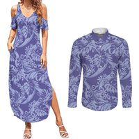 Tahiti Vareau Tiare Floral Couples Matching Summer Maxi Dress and Long Sleeve Button Shirt Monstera Palm Tropical Leaves - Polynesian Pride