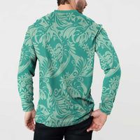 Tahiti Teal Tiare Floral Button Sweatshirt Monstera Palm Tropical Leaves - Polynesian Pride