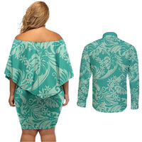 Tahiti Teal Tiare Floral Couples Matching Off Shoulder Short Dress and Long Sleeve Button Shirt Monstera Palm Tropical Leaves - Polynesian Pride