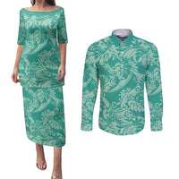 Tahiti Teal Tiare Floral Couples Matching Puletasi and Long Sleeve Button Shirt Monstera Palm Tropical Leaves LT01 Teal - Polynesian Pride