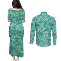 Tahiti Teal Tiare Floral Couples Matching Puletasi and Long Sleeve Button Shirt Monstera Palm Tropical Leaves LT01 - Polynesian Pride