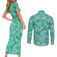 Tahiti Teal Tiare Floral Couples Matching Short Sleeve Bodycon Dress and Long Sleeve Button Shirt Monstera Palm Tropical Leaves - Polynesian Pride