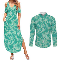Tahiti Teal Tiare Floral Couples Matching Summer Maxi Dress and Long Sleeve Button Shirt Monstera Palm Tropical Leaves - Polynesian Pride