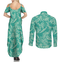 Tahiti Teal Tiare Floral Couples Matching Summer Maxi Dress and Long Sleeve Button Shirt Monstera Palm Tropical Leaves - Polynesian Pride