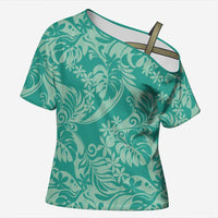 Tahiti Teal Tiare Floral Cross Shoulder Shirt Monstera Palm Tropical Leaves LT01 Female Teal - Polynesian Pride