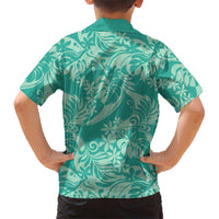 Tahiti Teal Tiare Floral Family Matching Off The Shoulder Long Sleeve Dress and Hawaiian Shirt Monstera Palm Tropical Leaves LT01 - Polynesian Pride
