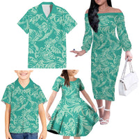 Tahiti Teal Tiare Floral Family Matching Off The Shoulder Long Sleeve Dress and Hawaiian Shirt Monstera Palm Tropical Leaves LT01 - Polynesian Pride
