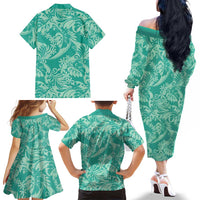 Tahiti Teal Tiare Floral Family Matching Off The Shoulder Long Sleeve Dress and Hawaiian Shirt Monstera Palm Tropical Leaves LT01 - Polynesian Pride