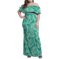 Tahiti Teal Tiare Floral Family Matching Off Shoulder Maxi Dress and Hawaiian Shirt Monstera Palm Tropical Leaves LT01 Mom's Dress Teal - Polynesian Pride