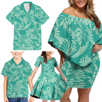 Tahiti Teal Tiare Floral Family Matching Off Shoulder Short Dress and Hawaiian Shirt Monstera Palm Tropical Leaves - Polynesian Pride
